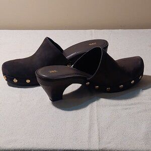 Zara Suede Studded Kitten-Heel Clogs Chocolate Brown Size: 9